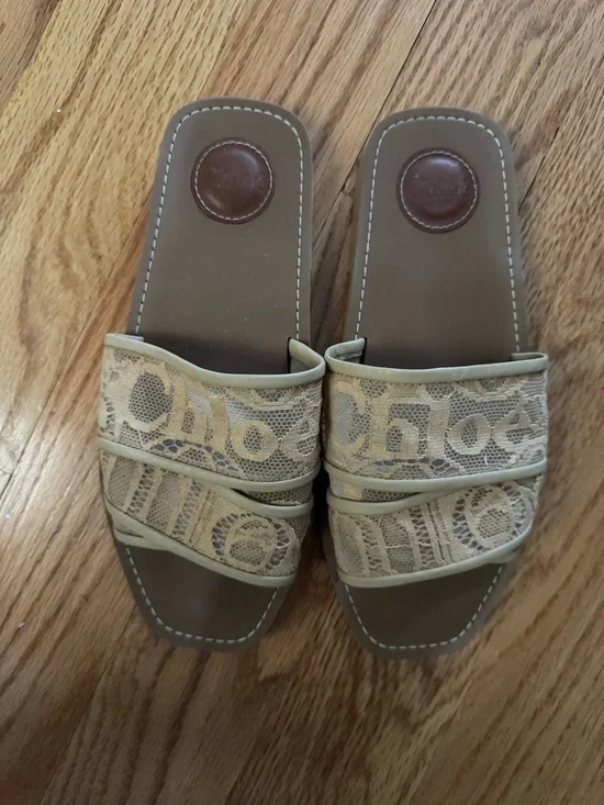 Chloé Brown Lace Logo Slide Sandals - Picture 7 of 7